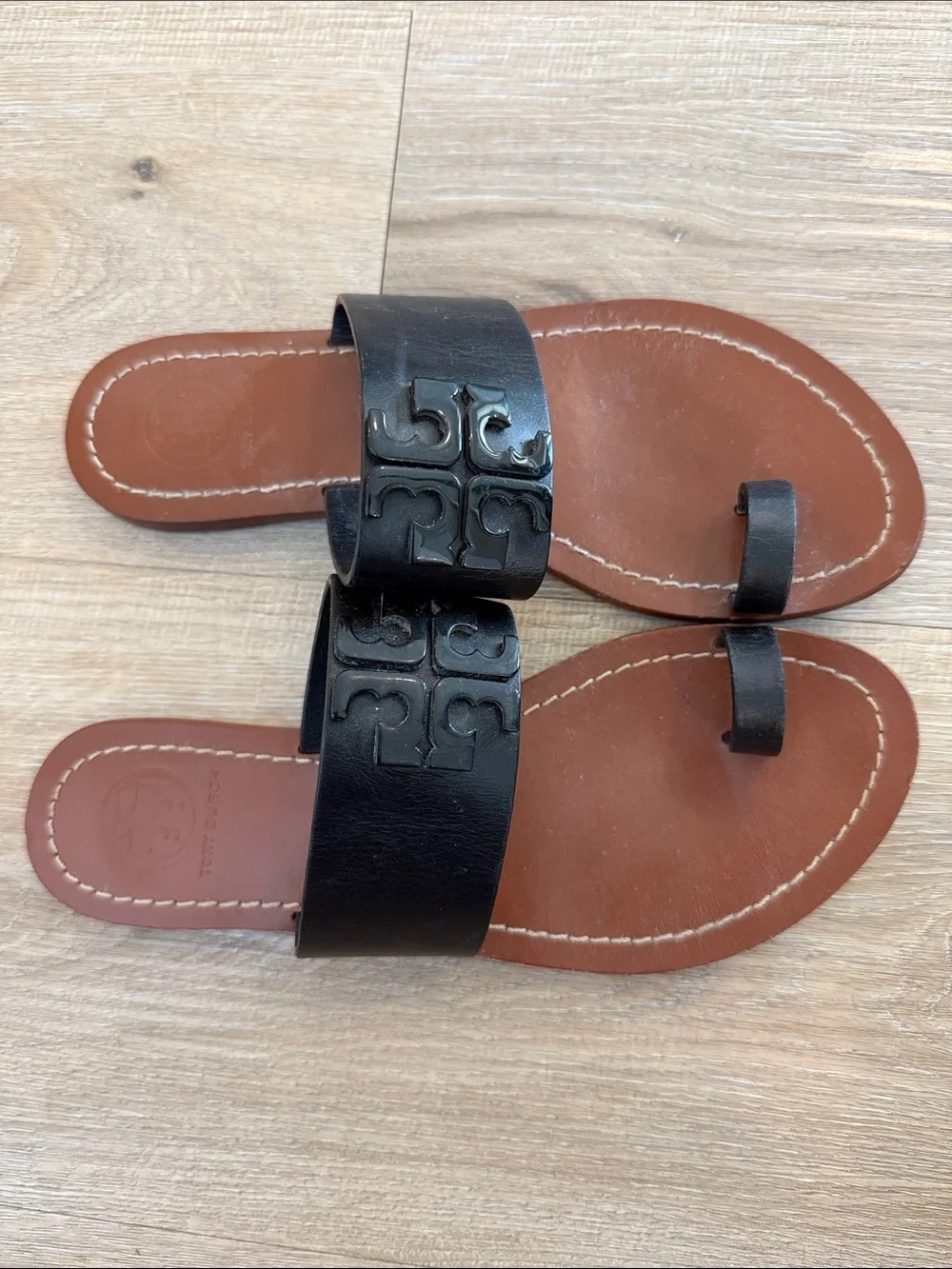 Tory Burch Black Leather Toe-Loop Slide Sandals